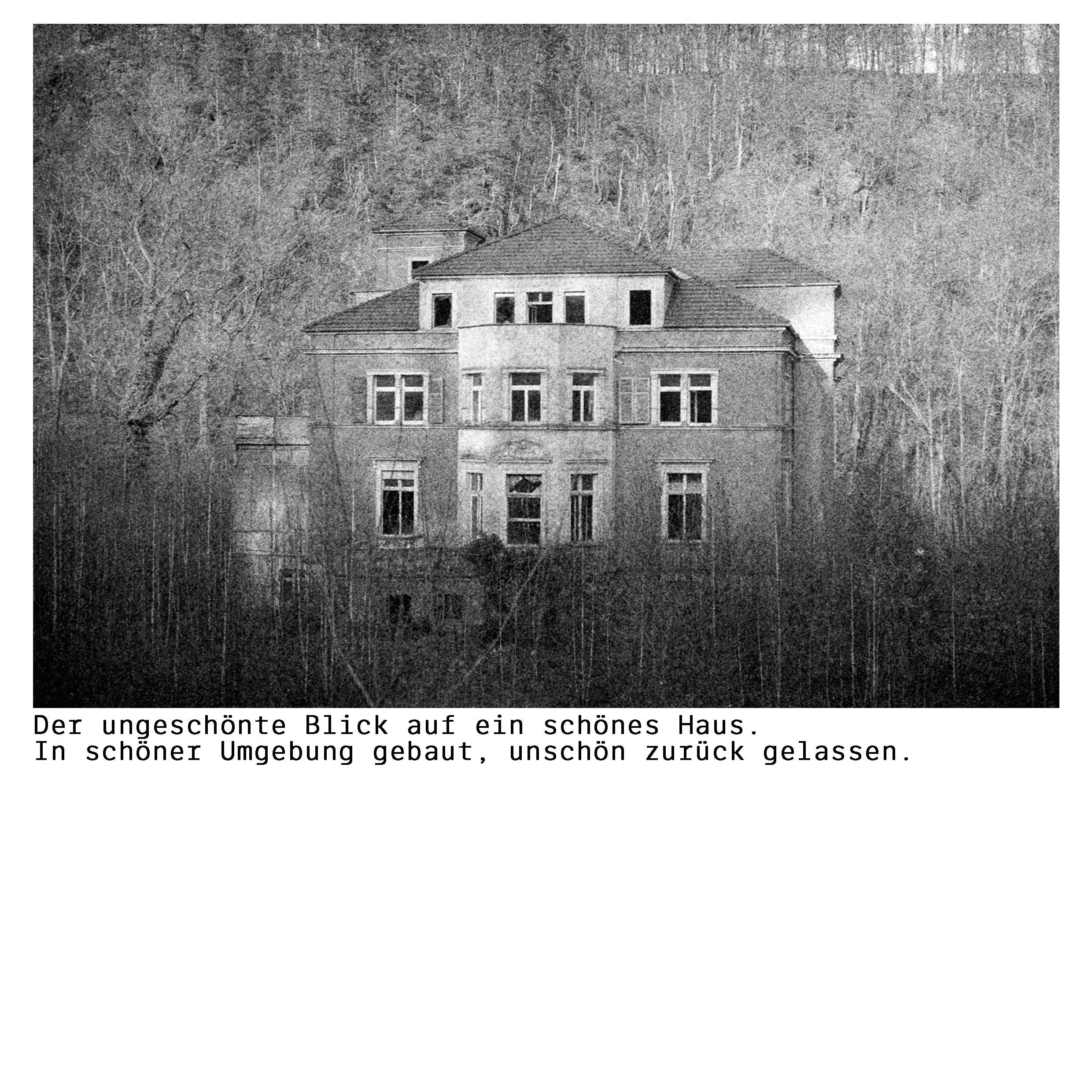 Ein Analog Foto von Steven Skuppin mit Text: Der ungeschönte Blick auf ein schönes Haus. In schöner Umgebung gebaut, unschön zurück gelassen.